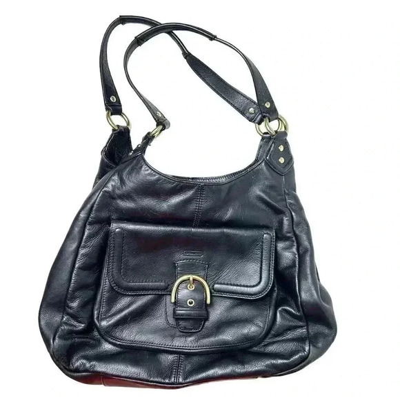 Coach Campbell Black Leather Shoulder Bag Gold Metal Medium Triple Entry Design - Picture 1 of 14
